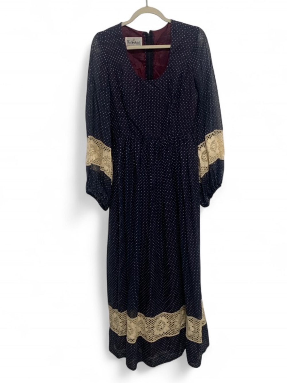 Vintage Rothschild Dark Blue Polka Dot Maxi Dress with Cream Lace Accents